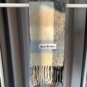 Acne Studios Checked Wool Scarf Gray Blue Fringe Cozy Designer